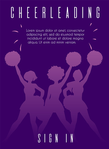 Cheerleading squad performing on landing page template. Cheerful sporty ladies in fan uniform dancing with pompoms in hands. Acrobatic exercises. Vector cartoon monochrome purple banner