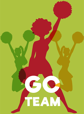 Team supporting banner or poster template with cheerleaders silhouettes, flat vector illustration. Motivating team supporting banner to boost team spirit and energy.