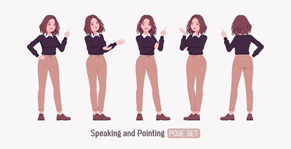 Young woman, pretty girl, cute outfit set speak, point pose. Smart business casual office attire, black sweater, white shirt collar, beige costume pants classic brown shoes. Vector illustration
