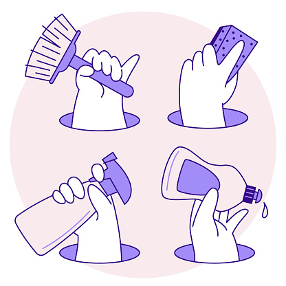 Cleaning service icons, design elements and symbols. Hands in rubber gloves with scraper, brush and detergent. Cartoon flat vector illustration