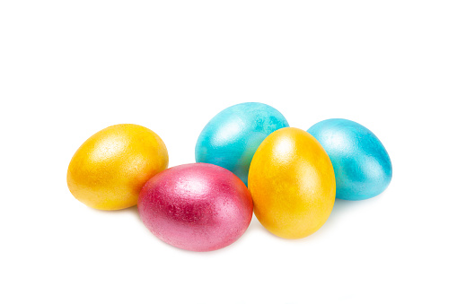 Five colorful Easter eggs in a row.