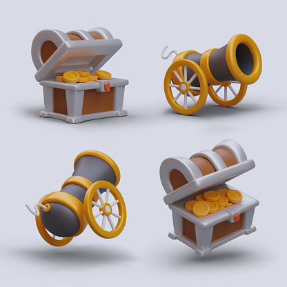 Set of vector game combat icons. 3D chest full of gold coins, cannon on wheels. Battle and reward concept. Isolated image with shadows. View from different sides. Template for web design, animation