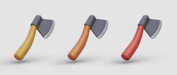 Vector illustration of Collection of metal ax with handle made of wood in yellow, orange and red colors