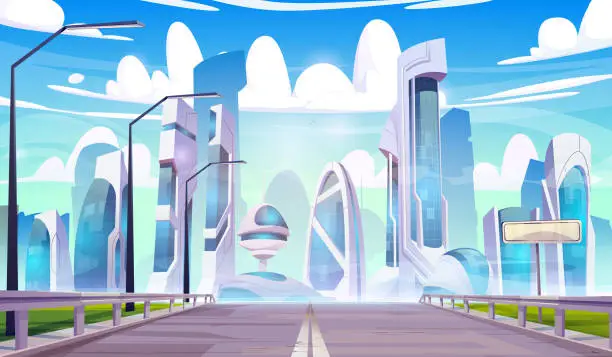 Vector illustration of Road leads to futuristic city.