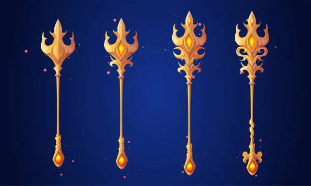 Vector illustration of Golden trident staffs set isolated on background