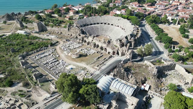 Aerial view of Side Ancient City in Antalya, Turkey. 4k resolution.