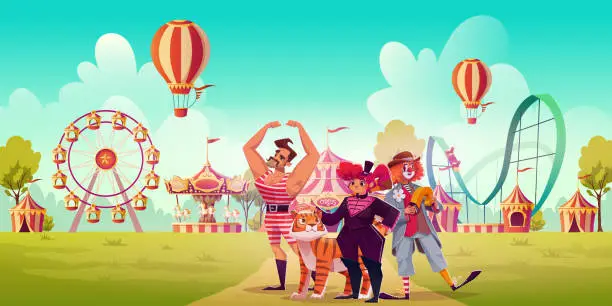 Vector illustration of Retro circus actors in theme park