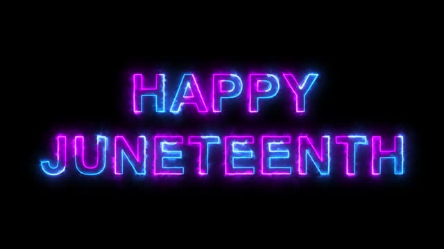 Juneteenth Animation with purple and blue glowing text effects and neon sign lights on a black background. Excellent for movies, presentations, videos, and television shows in 4K.