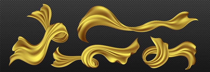 Yellow silk ribbons set isolated on transparent background. Vector realistic illustration of golden fabric flying in air, satin cloth waves floating in wind, soft home textile, decoration element