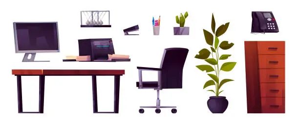 Vector illustration of Modern workspace furniture and equipment.