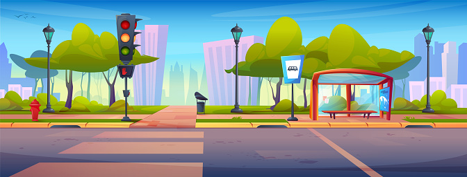 Cartoon summer city street landscape with sidewalk and traffic light near road with crosswalk and bus stop construction. Vector illustration of town scenery with pavement and pedestrian pathway.