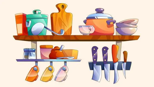 Vector illustration of Kitchen shelf with utensils hanging on wall