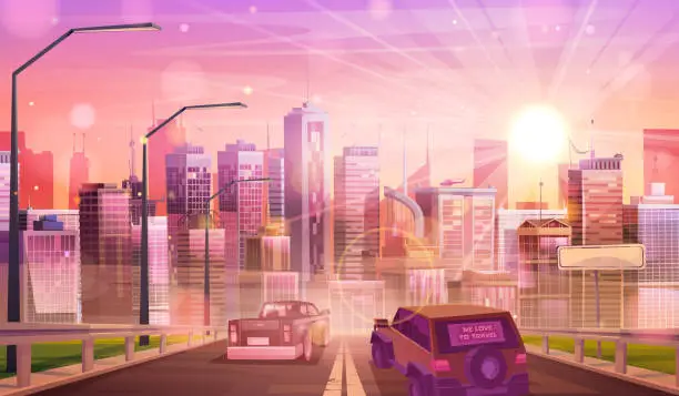 Vector illustration of Road leads to downtown area at sunset