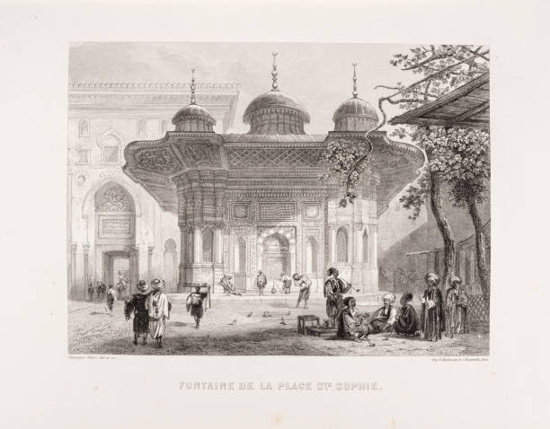 życie codzienne przy fontannie na placu św. zofii, 1855 r. - 1855 stock illustrations