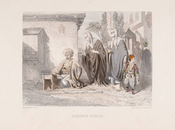 ilustrações de stock, clip art, desenhos animados e ícones de echoes of the past: the public scribe in 19th century constantinople - 1855