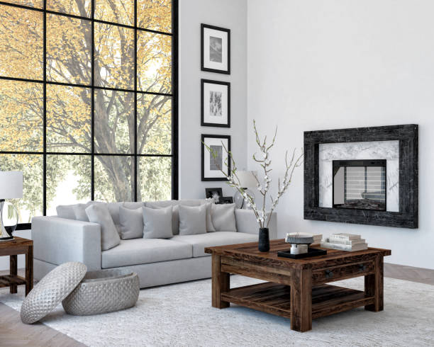 istock Modern white interior design with fireplace and beautiful backyard view 2040811705