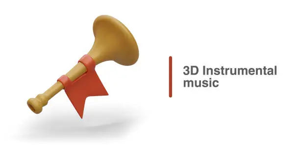 Vector illustration of 3D musical instrument for sound notification of infantry. Decorated bugle, royal insignia