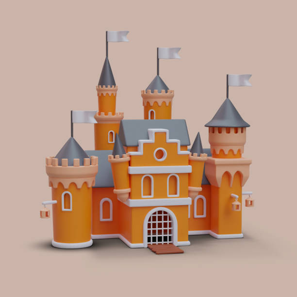 3d realistic orange fantasy castle. Model for computer game, 3d toy for children. House from fairy tail. Vector illustration with orange background in cartoon style