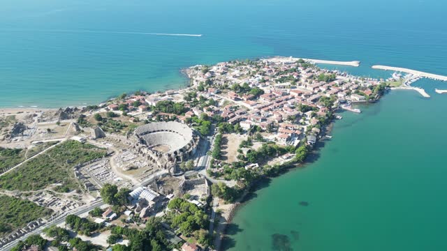 Aerial view of Side Ancient City in Antalya, Turkey. 4k resolution.