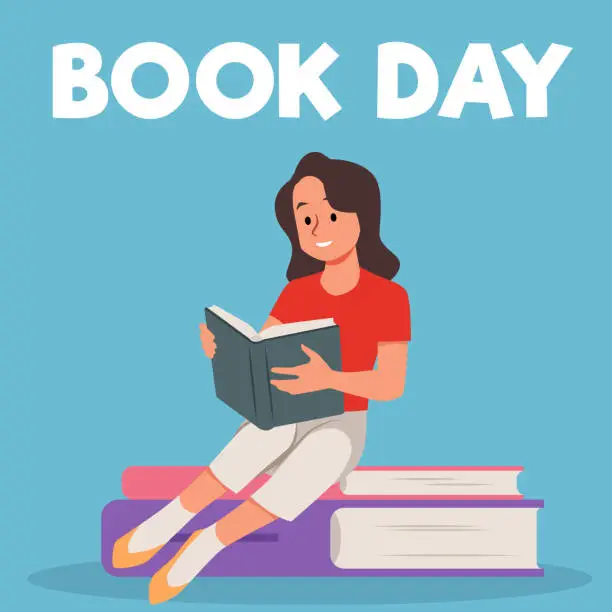 Vector illustration of Book Day flyer with a teenage girl sitting on a pile of huge books.