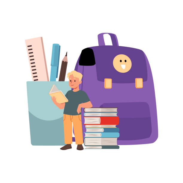 illustrations, cliparts, dessins animés et icônes de mignon garçon élève appréciant la lecture d’un livre énorme pile de livres, de fournitures scolaires et d’un sac à dos, vecteur d’éducation de l’enfant se préparant - school supplies child back to school book