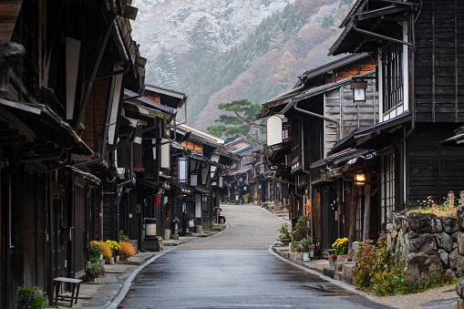 Narai-juku in Nagano Prefecture, Japan, a historic post town on the Nakasendo trail in the Kiso Valley.