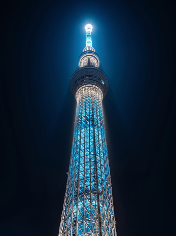 Architectural landmark Tokyo Skytree illuminated at night in Tokyo, Japan.