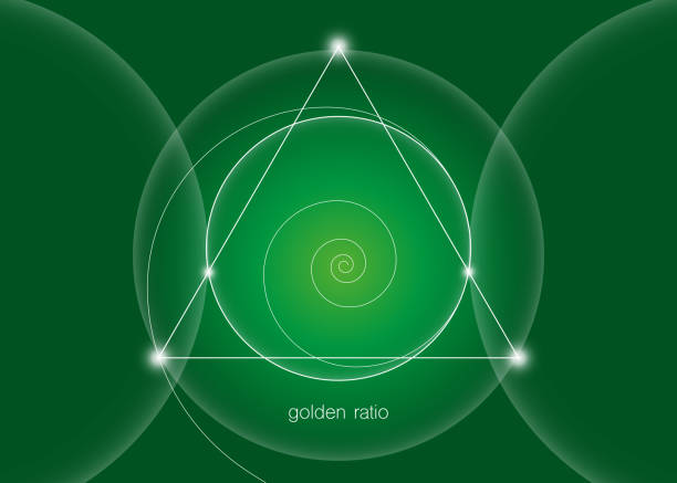 ilustrações de stock, clip art, desenhos animados e ícones de golden ratio, fibonacci spiral, interlocking circles, triangles and spirals hipster sacred geometry illustration. white line vector isolated on green background. - geometry spirituality phi spiral