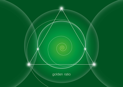 Interlocking circles, triangles and spirals hipster sacred geometry illustration with golden ratio, fibonacci spiral. White line vector isolated on green background.