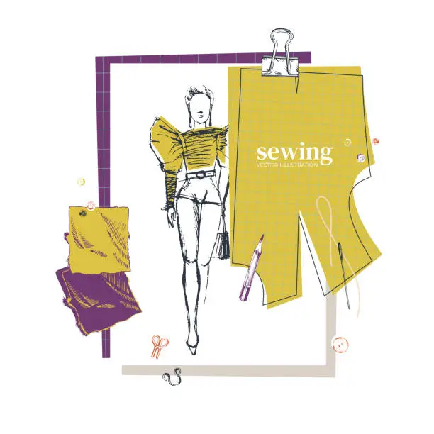 Vector illustration of Fashion sketch. Costume designer. Designer's moodboard. A tablet with a sketch of a woman's suit, a pattern, pieces of fabric to choose from, a pencil, a needle and sequins. Vector glamor illustration