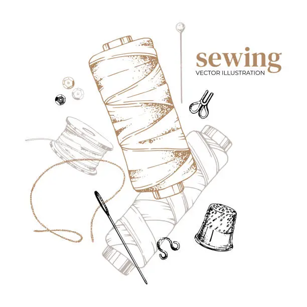 Vector illustration of A set of threads, needles, bobbins for sewing and needlework. Sewing accessories. Clothing repair. Courses: Cutting and sewing. Vector illustration for background design, packaging, banner