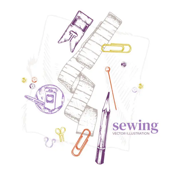 Vector illustration of Sewing machine parts, measuring tape, pencil for notes. Cutting and sewing concept. Working tools of a seamstress, tailor, fashion designer. Vector illustration