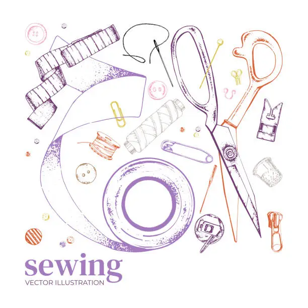 Vector illustration of Set of accessories for sewing and needlework. Threads, bobbins, scissors. Sewing courses. Sewing machine parts. Vector illustration