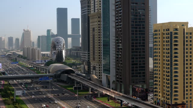 Establishing Shot of Dubai, United Arab Emirates (UAE), Showing Traffic on Sheikh Zayed Road During Daytime
