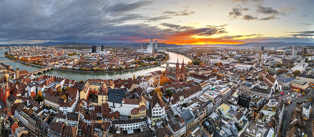 Basel, Switzerland townscape at sunrise.