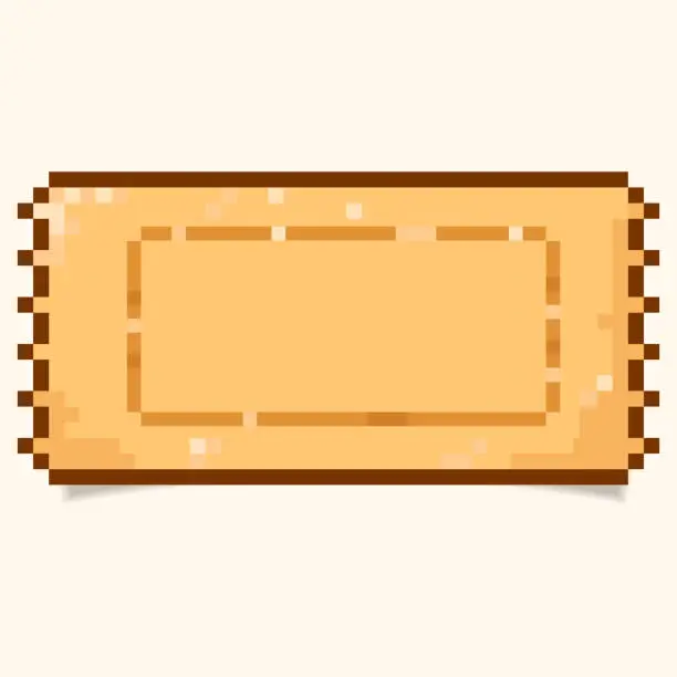 Vector illustration of Discount pixel Coupon or Golden Ticket in retro 8-bit game style.Cinema, theater, concert, game, party. Bonus or discount gold ticket empty template. Vector illustration EPS10