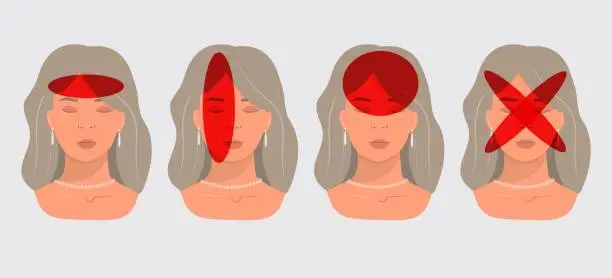 Vector illustration of Vector illustration of a girl having a headache. Localization and types of headaches. Neurology and medicine.