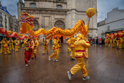 Aubervilliers, France - 02 14 2024: Chinese New Year. Festivities for the Year of the Dragon and the dragon dance