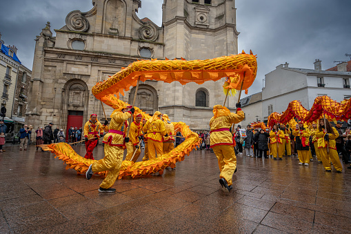 Aubervilliers, France - 02 14 2024: Chinese New Year. Festivities for the Year of the Dragon and the dragon dance