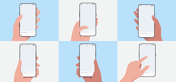 Set of mockup illustrations of various diverse hands using smartphone touch screen with blank empty web browser