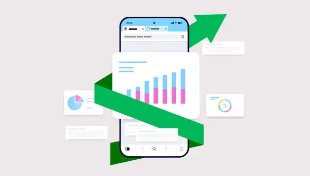 Vector illustration of Phone screen with rising chart and green arrow