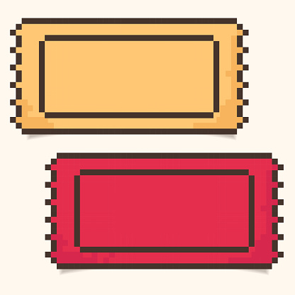 Two Discount pixel Coupons or Tickets in retro 8-bit game style.Cinema, theater, concert, game, party. Yellow and red colors.Bonus or discount ticket empty template. Vector illustration EPS10.