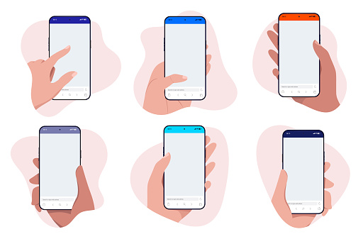 Set of illustrations with hand using smartphones with blank screen in abstract blob shape frame. Flat design template on white background