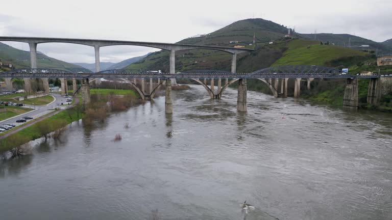 Triple Bridges Overlapping in Pêso da Régua, Portugal - aerial