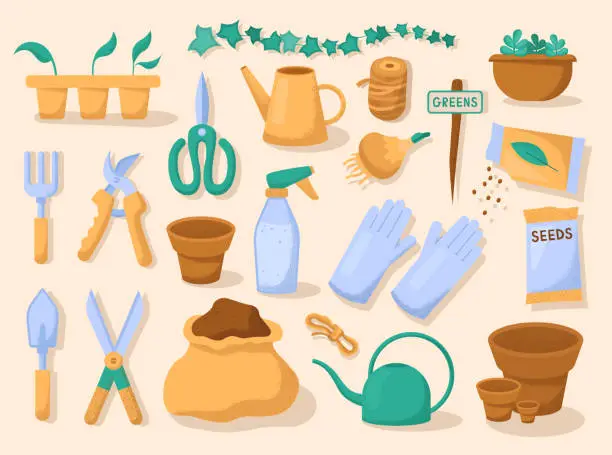 Vector illustration of Gardening items. Planting equipment, watering can, shovel and pot