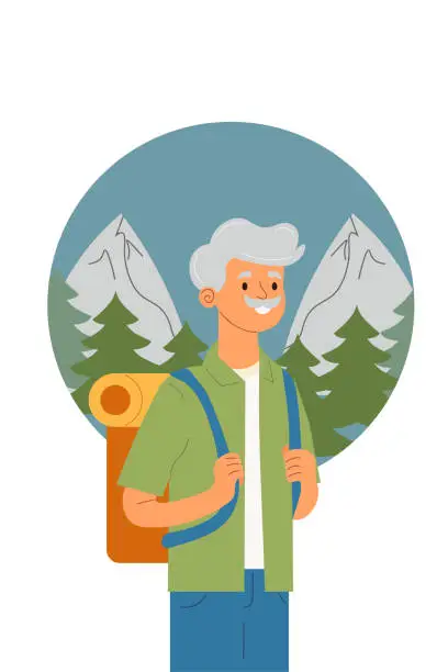 Vector illustration of active elderly man on camping trip. flat vector illustration. white background. travel and tourism.