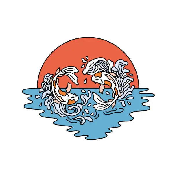 Vector illustration of Japanese Koi fishes in the water on the background of big sunset in vector hand drawn style.