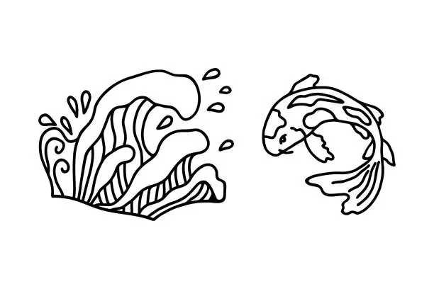 Vector illustration of Asian sea waves and Koi carp fish in hand drawn doodle style.