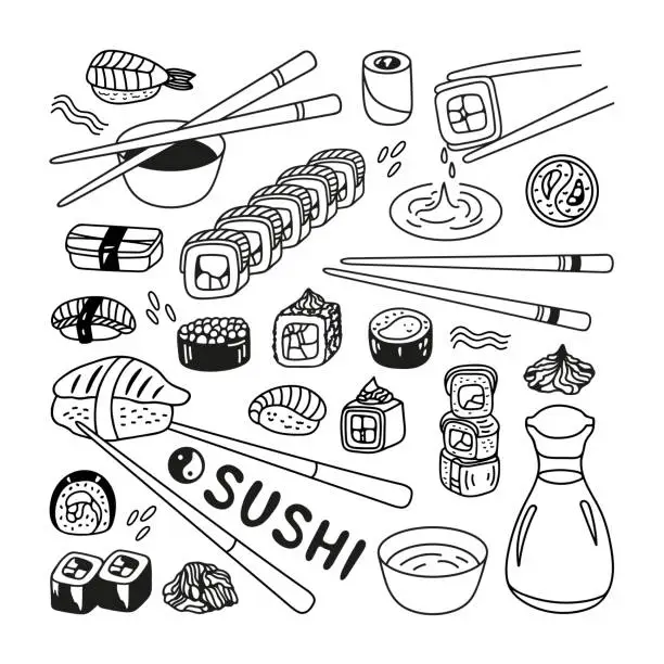 Vector illustration of Japanese sushi roll set in hand drawn doodle style. Asian food for restaurants menu