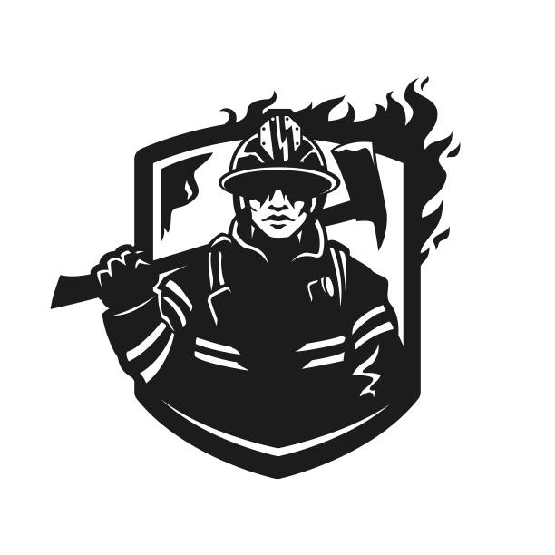Firefighter, Fireman in Helmet with Axe on shield with fire - cut out vector silhouette Stylized firefighter or fireman in a helmet and firefighter uniform holding an ax on his shoulder - cut out vector silhouette on shield with fire for light background silhouette of firefighter logo stock illustrations